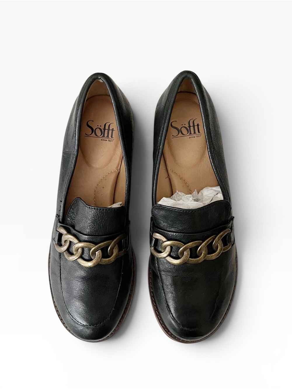 Sofft Nevara KHELD22 Black Italian Leather Loafers Size 7M Gold Chain Link Shoes